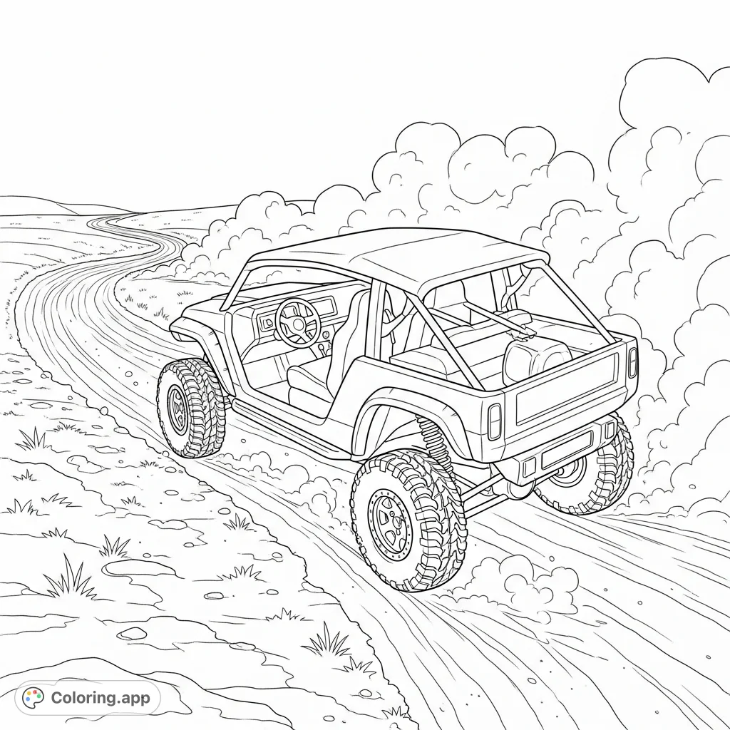 Color a rugged soft-top vehicle on a dirt trail, with visible suspension and dynamic dust clouds. An exciting scene for vehicle enthusiasts.