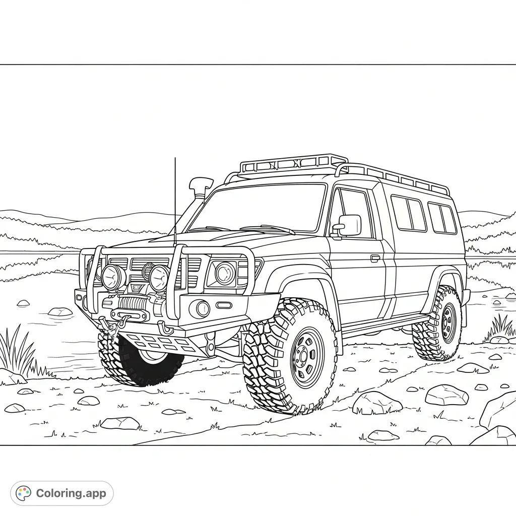 Detailed off-road expedition truck with bull bar and winch, parked serenely by a calm lake reflecting a distant natural landscape. Perfect for adventure lovers.