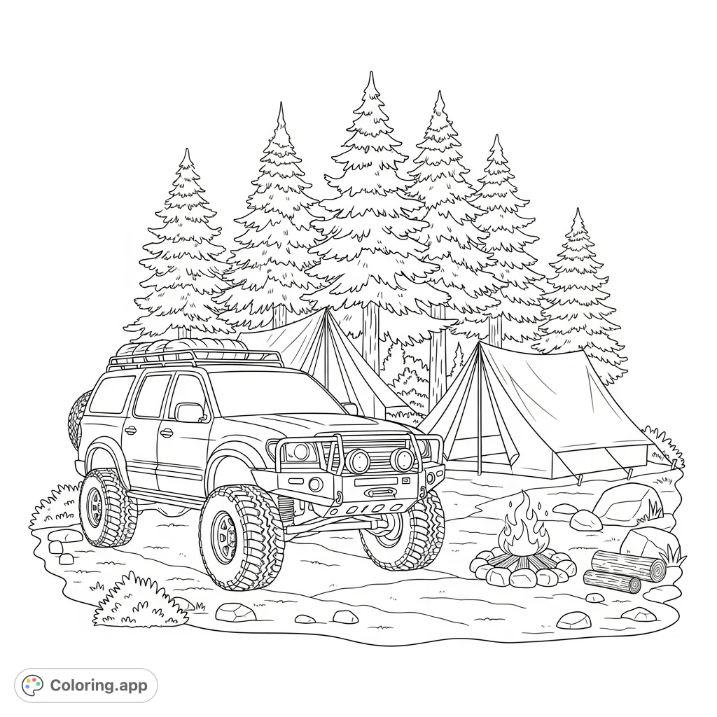 Explore the wilderness with this off-road truck coloring page, featuring a robust vehicle, cozy tents, a crackling campfire, and towering pine trees.