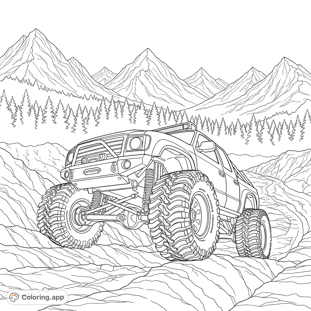 An adventurous off-road truck with knobby tires conquers a rocky mountain trail, set against a backdrop of majestic peaks and dense forests.