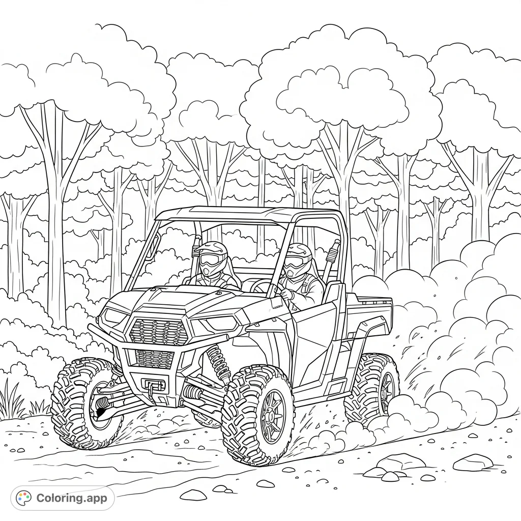 Experience the thrill of off-road racing! Color a powerful UTV kicking up dust as it speeds through simplified wooded terrain, perfect for dynamic creativity.