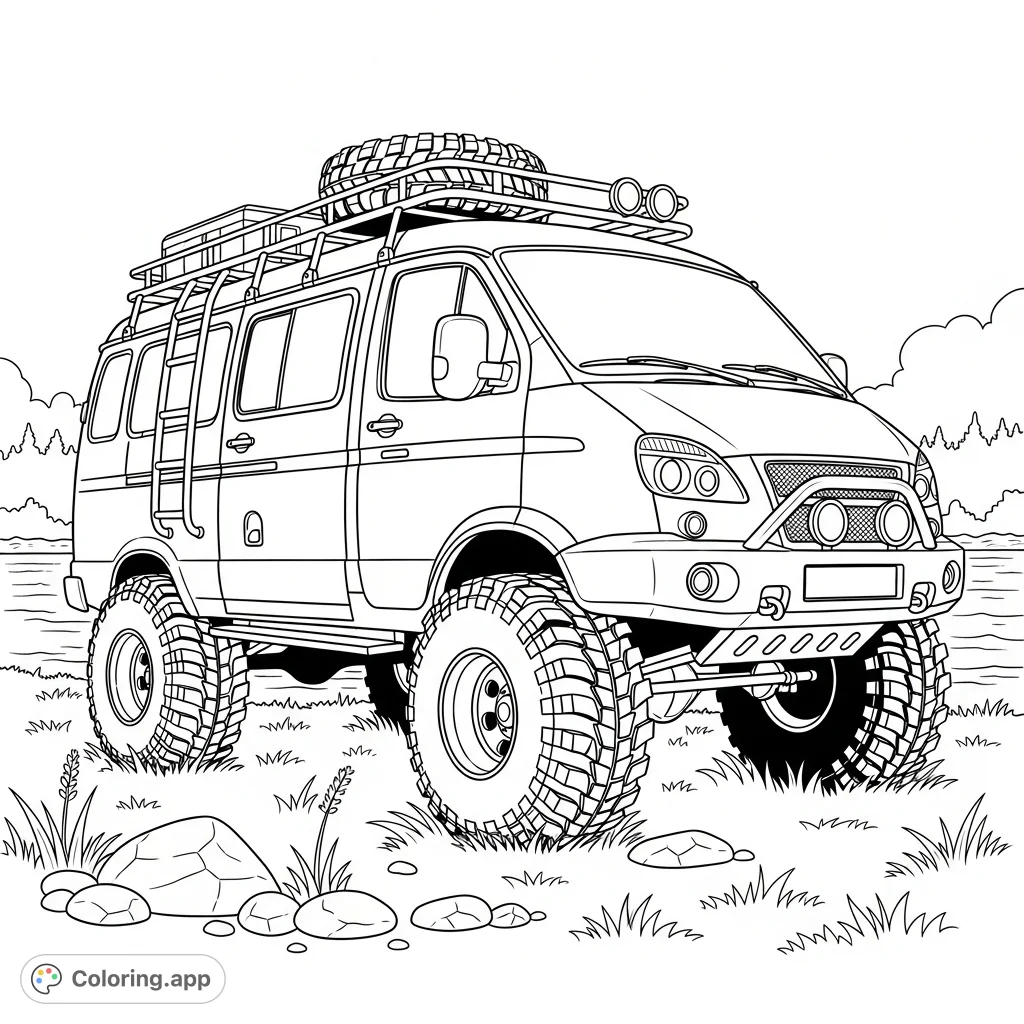 An adventure-ready off-road van with oversized tires and a roof ladder, parked serenely by a flowing riverbank. A detailed scene perfect for exploring textures.