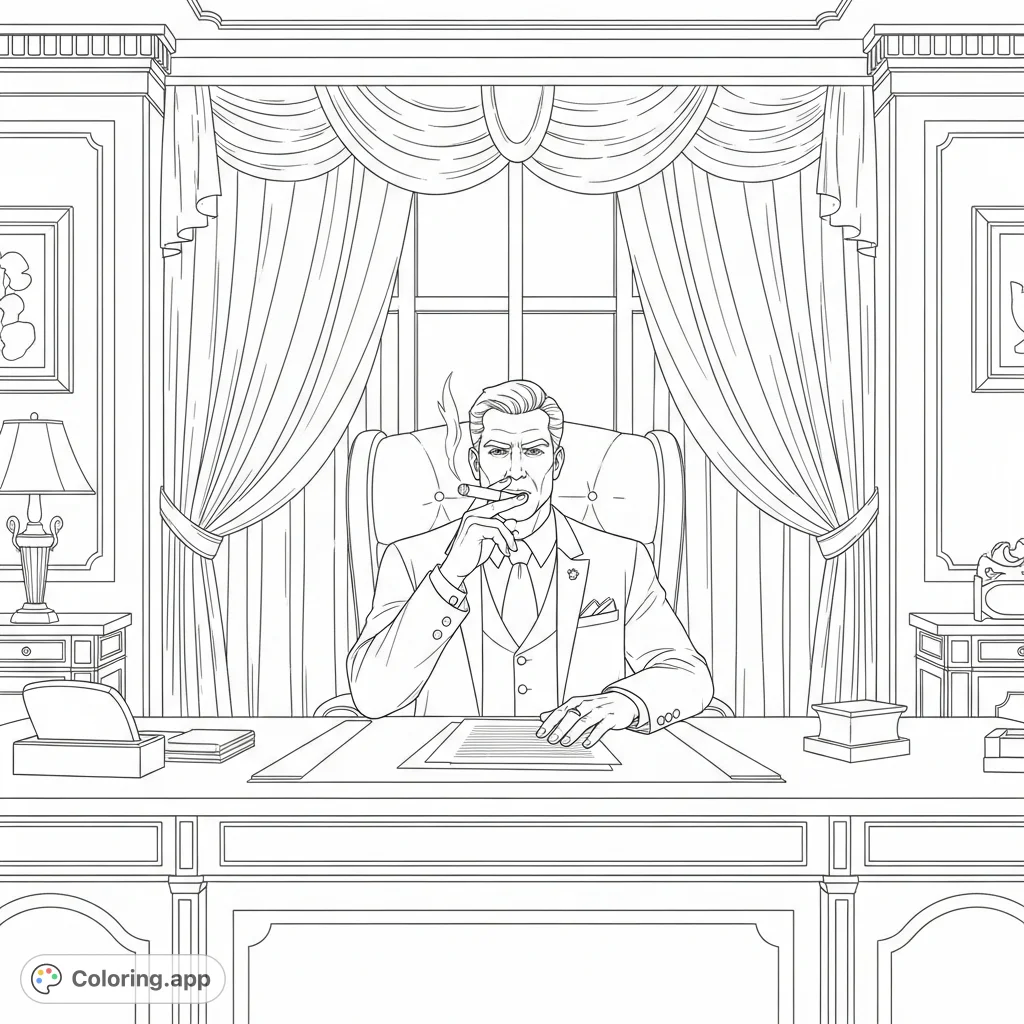 A powerful figure is depicted in a luxurious private office, seated at a grand desk with a cigar and a document. An executive scene for intricate coloring.