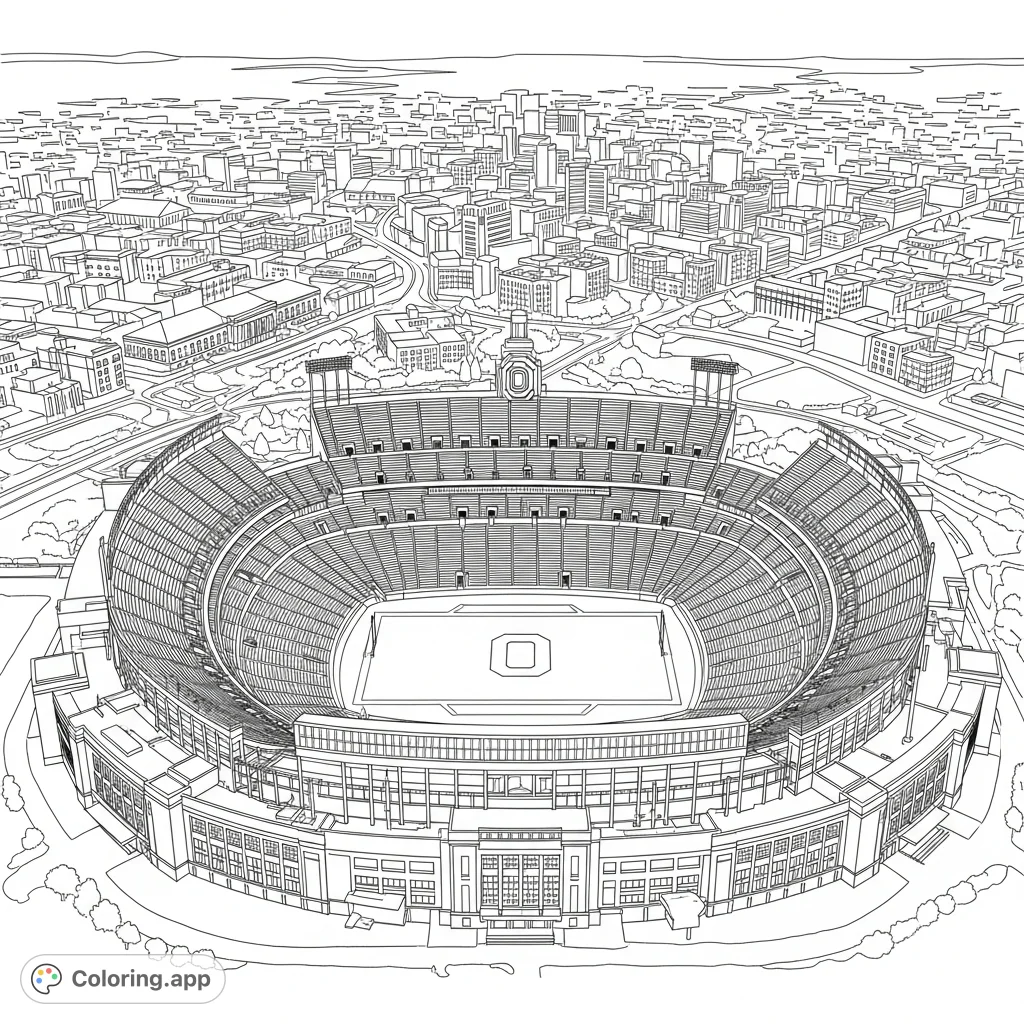 Soar above Ohio Stadium! This free printable Ohio Stadium coloring page captures the iconic horseshoe, field, and surrounding urban landscape from an exciting aerial perspective.