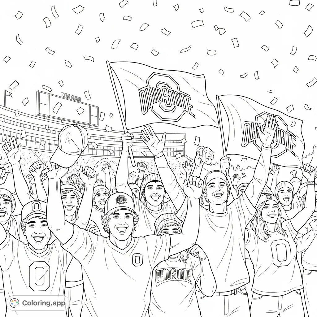 Celebrate victory with dynamic Ohio State fans cheering, Block O flags waving, and confetti raining down in a stadium scene. A fun, free printable coloring page.
