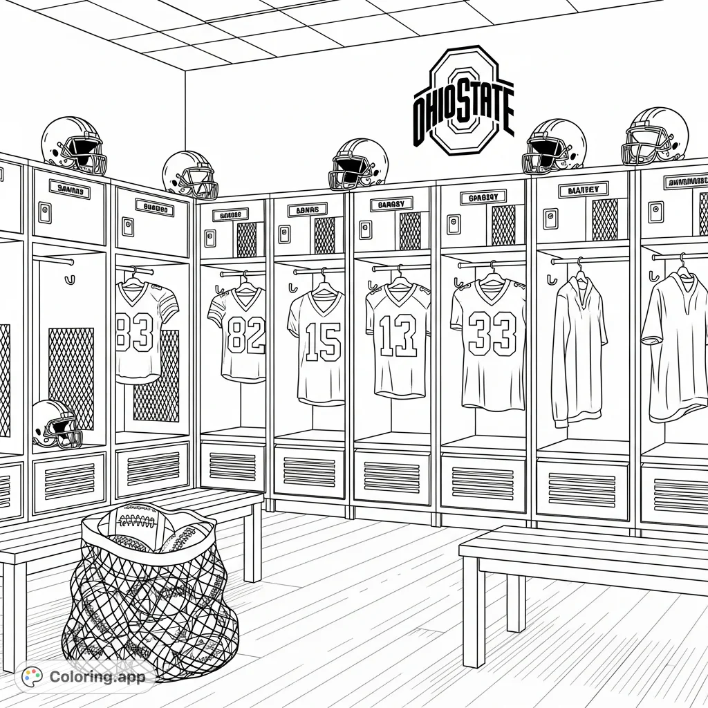 Step into the Ohio State football locker room, perfectly arranged with helmets, jerseys, and footballs ready for action. Celebrate team spirit!