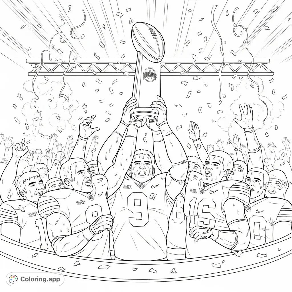 Experience the thrilling moment of triumph as Ohio State football players hoist their shimmering championship trophy amidst showering confetti and a wildly cheering crowd.