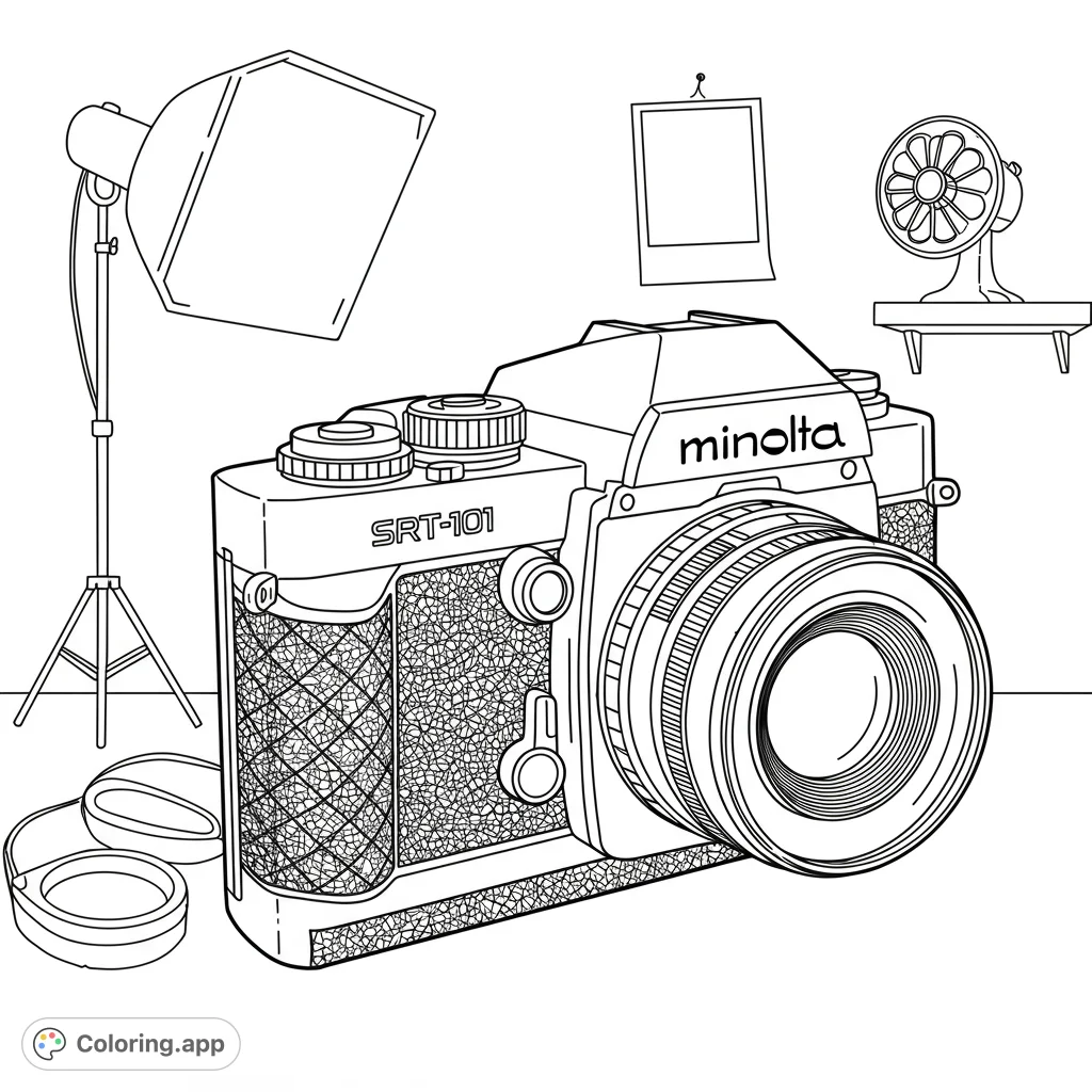 A detailed vintage camera setup featuring a classic SLR, studio light, and retro fan. Perfect for photography enthusiasts and creative coloring.