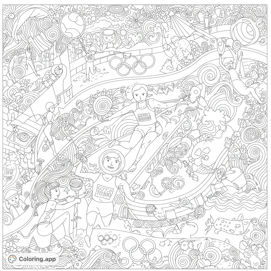 An intricate Olympic sports coloring page featuring athletes, Olympic rings, and various sports elements amidst a detailed, swirling doodle background.