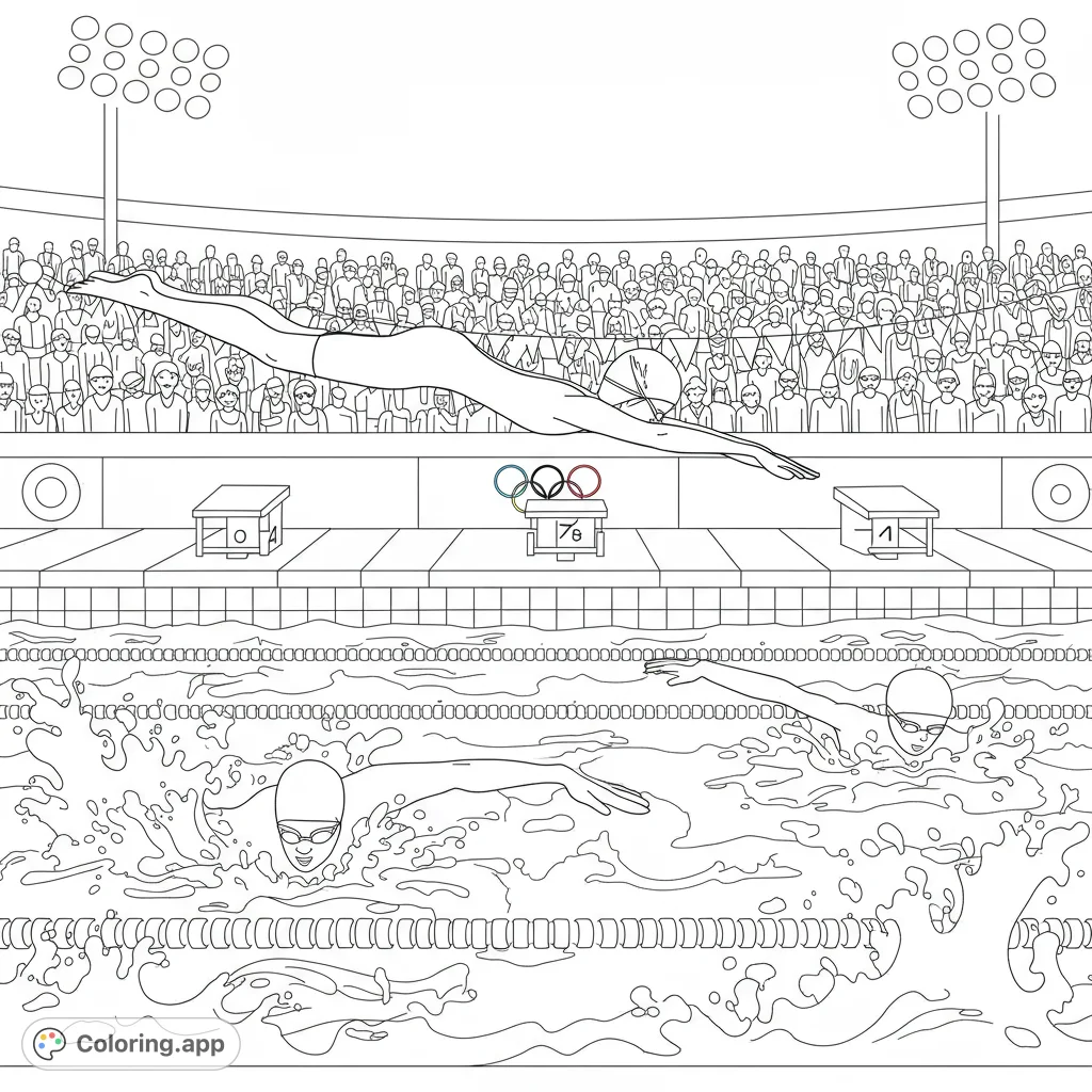 Dive into action with this Olympic swimming race coloring page! Features a diver, swimmers, and a cheering crowd in a dynamic stadium scene.