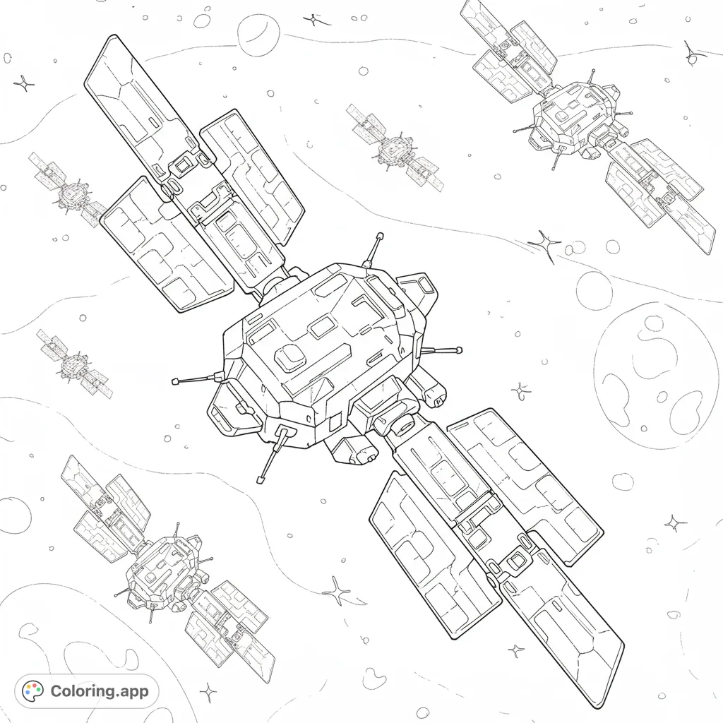 Explore the cosmos with this futuristic space station coloring page. Detailed spacecraft and celestial bodies await your creative touch.