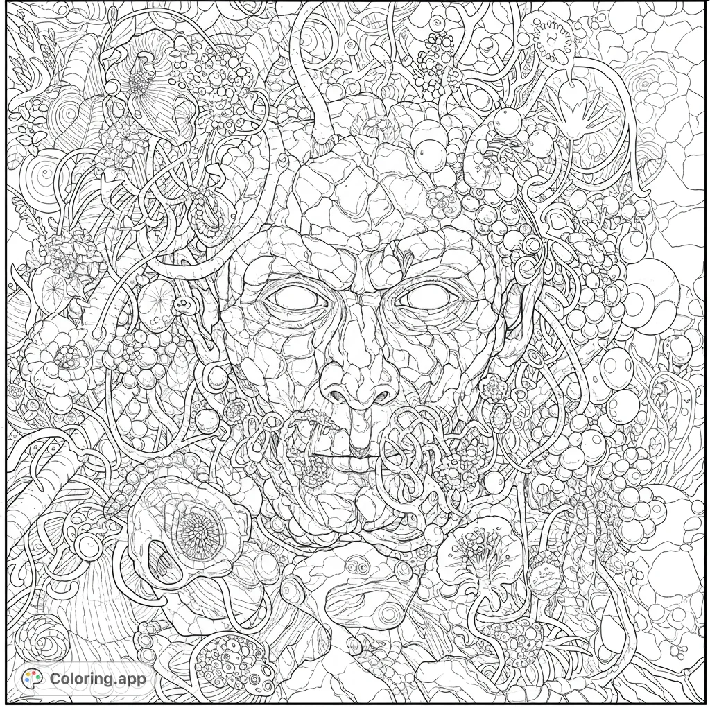 Explore an intricate abstract face coloring page, surrounded by dense organic patterns, bubbles, and tendrils. A complex, detailed design for mindful coloring.