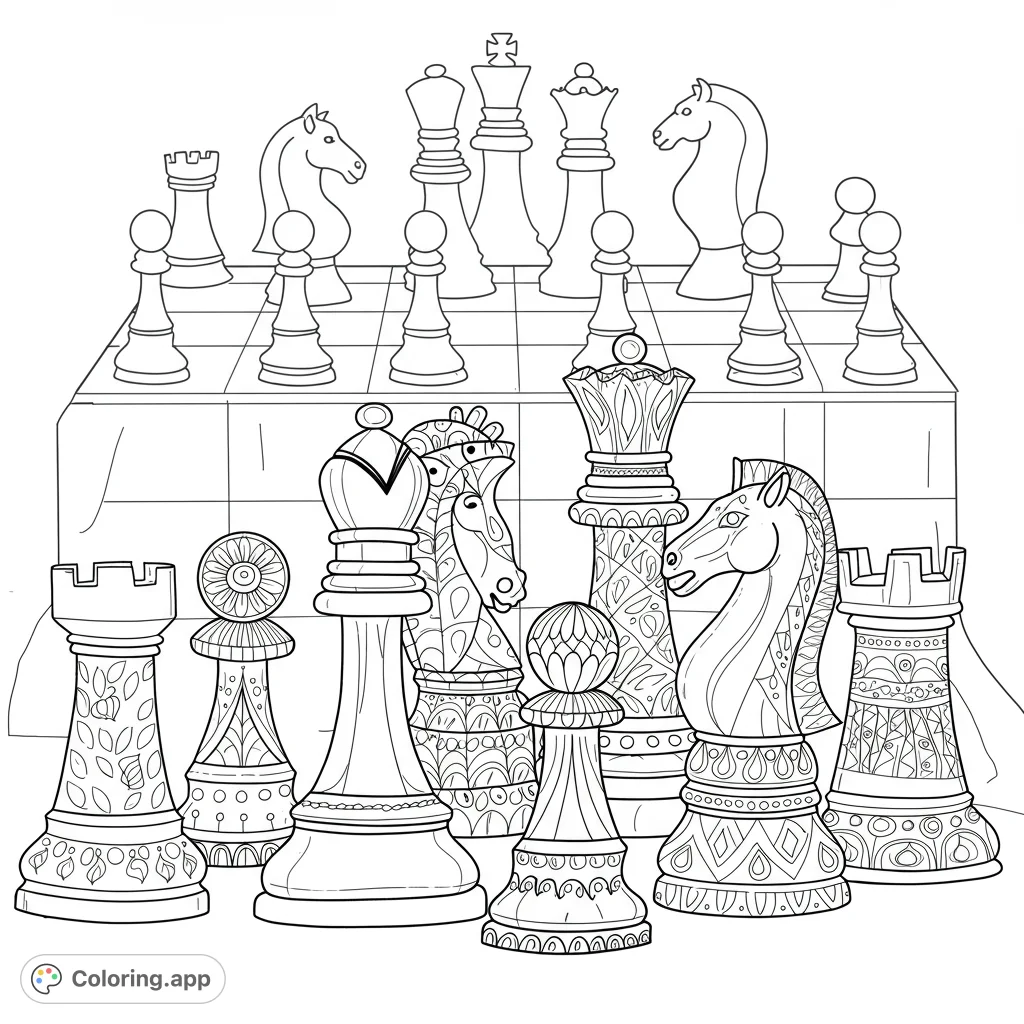 An elegant chess coloring page featuring intricately patterned pieces in the foreground and a classic chessboard behind. A free printable challenge for all ages.