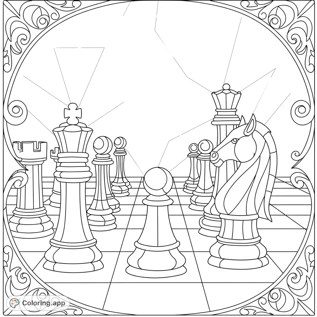 An intricate chess coloring page featuring detailed pieces on a checkered board, framed by an elegant, ornate border. Perfect for strategy game fans.