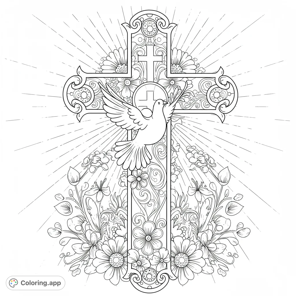 Detailed Christian cross coloring page with a dove, intricate floral patterns, and radiant light, perfect for spiritual reflection.