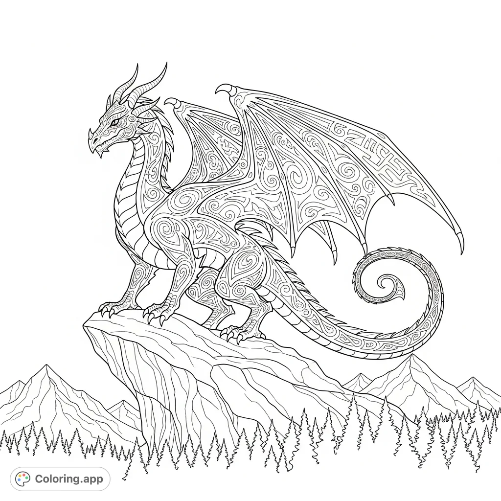 Unleash your creativity with this majestic dragon, adorned with intricate, swirling patterns, standing proudly on a rocky peak overlooking a fantastical landscape.