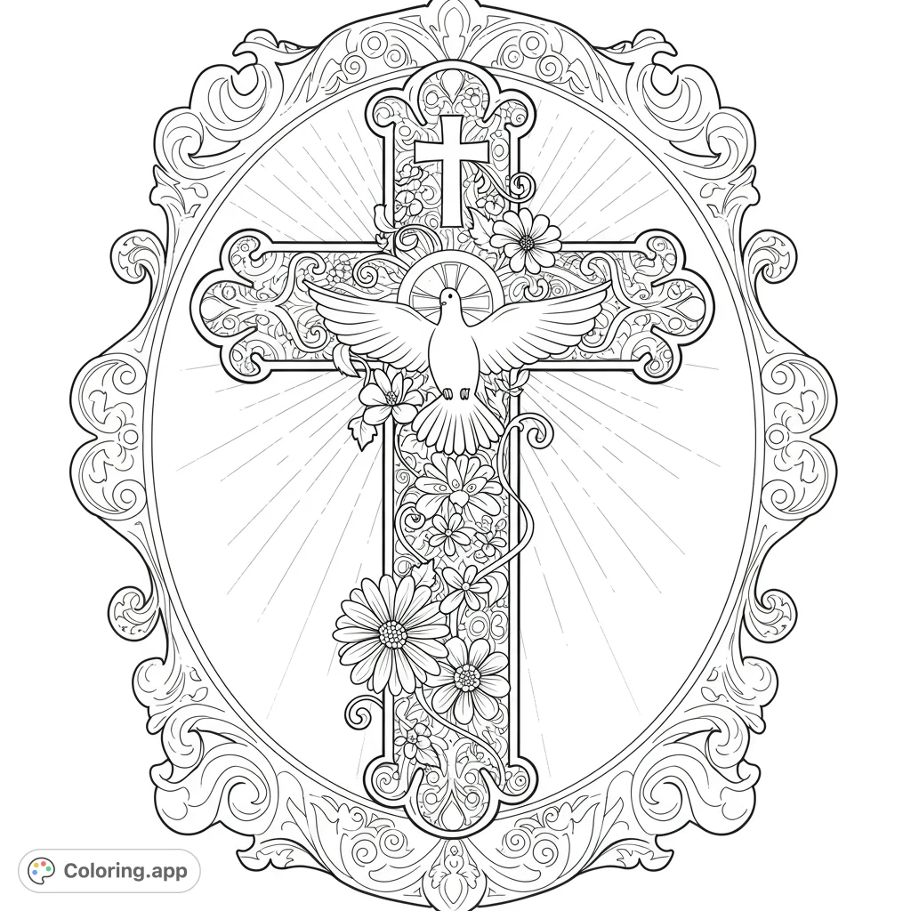 An intricate Christian cross adorned with blooming flowers and a peaceful dove, set within a grand, ornate oval frame. A detailed religious coloring page.