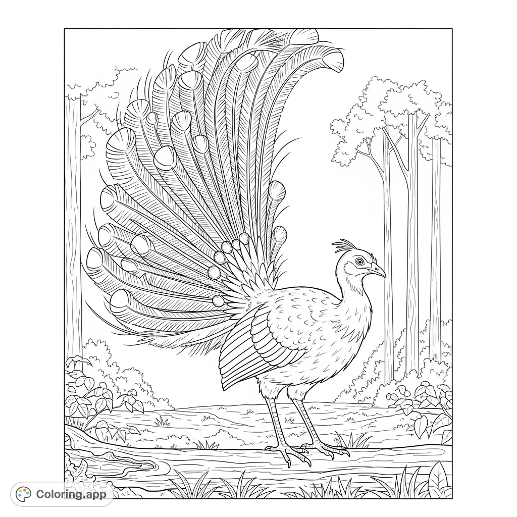 An intricate coloring page featuring a magnificent lyrebird showcasing its elaborate tail feathers, set against a subtly detailed forest backdrop.