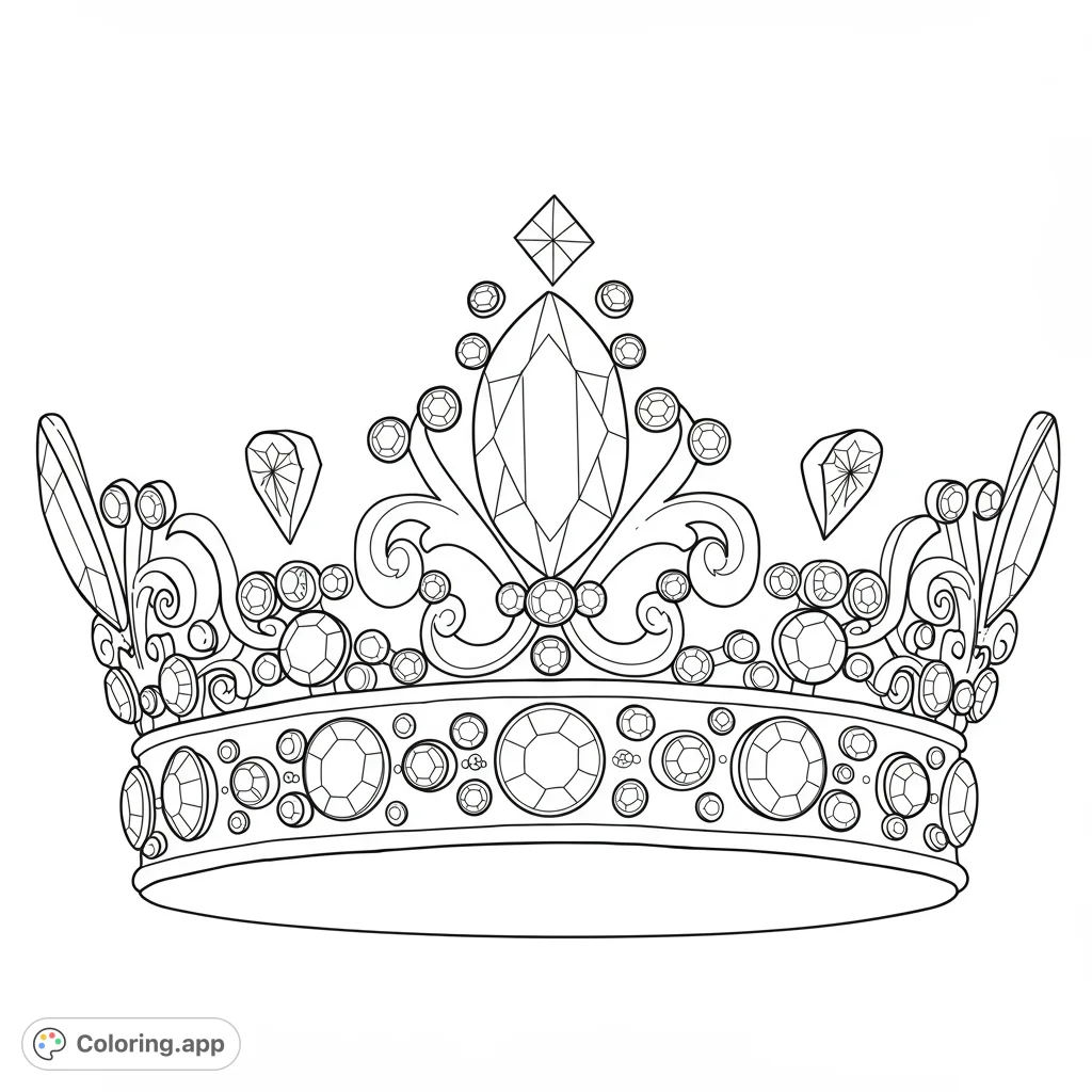 An exquisite royal crown adorned with countless sparkling jewels and intricate scrollwork. A majestic free printable crown coloring page for all ages.