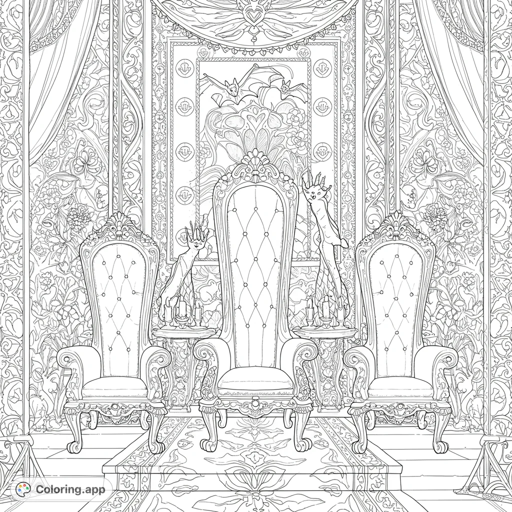 An intricate gothic throne room with three ornate chairs, whimsical horned creatures, and detailed patterns. A regal fantasy scene.