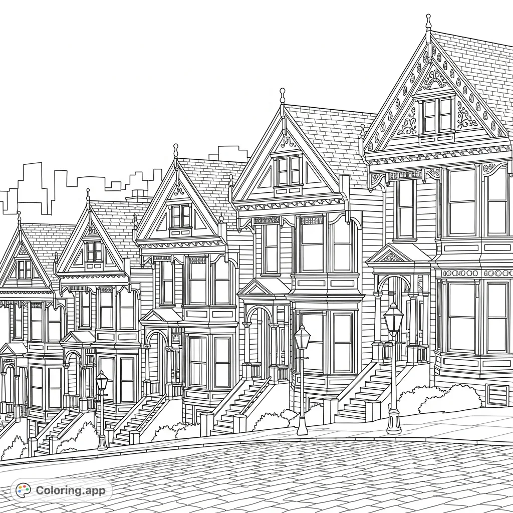 A charming street of Victorian 'Painted Ladies' houses with intricate architectural details, bay windows, decorative trim, and a steep street foreground.