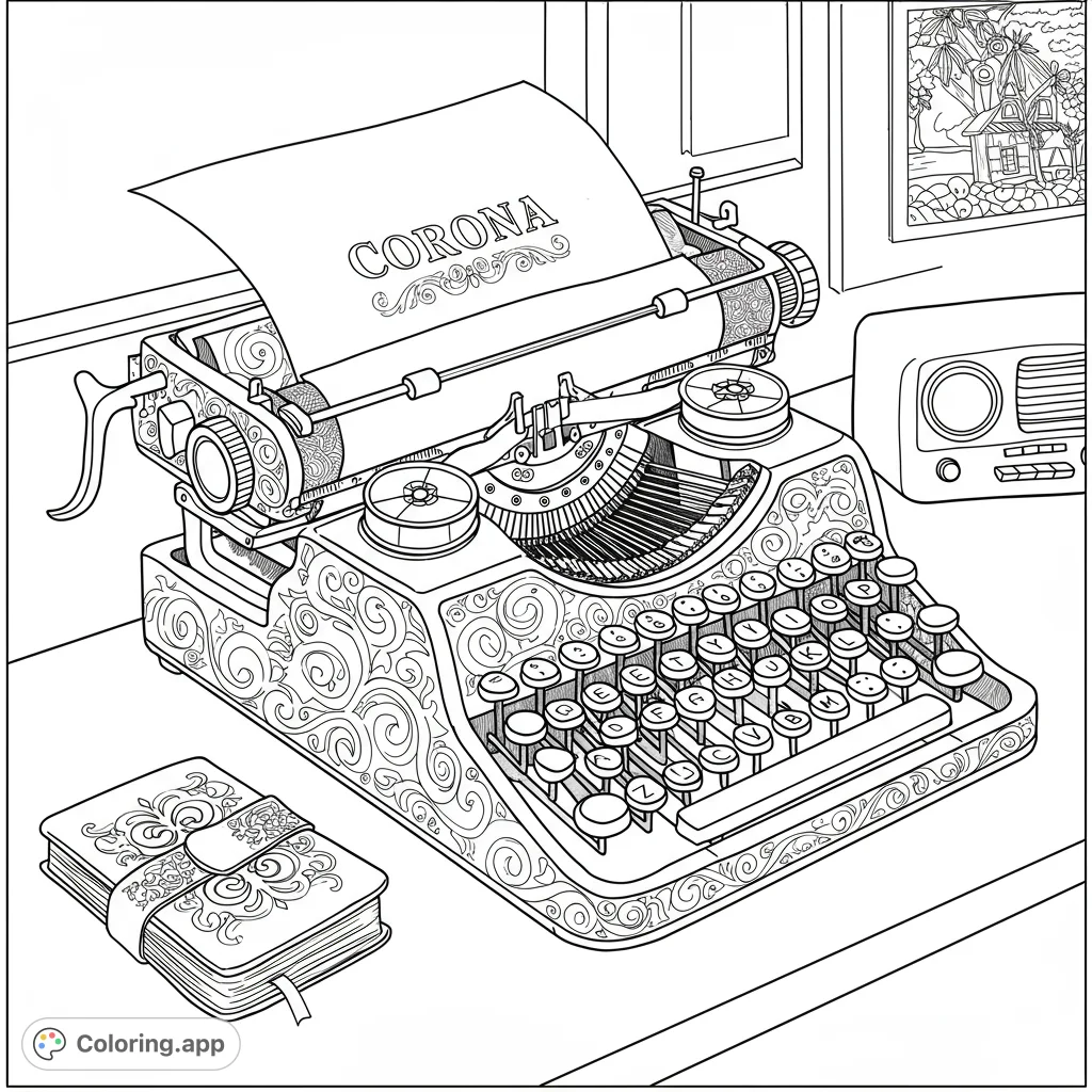 Intricate vintage typewriter with ornate scrollwork, a stack of patterned journals, and a classic radio on a desk. Perfect for detailed coloring.