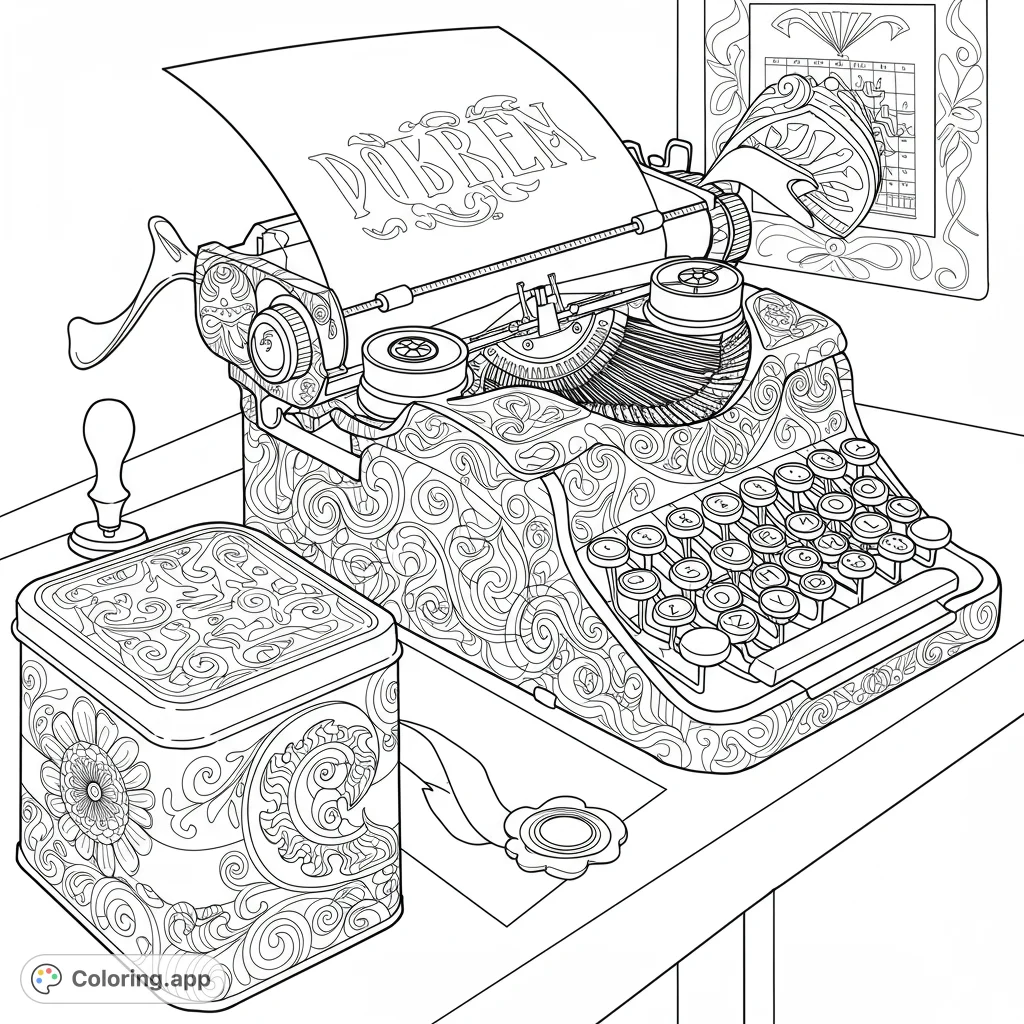 An intricately detailed vintage typewriter adorned with swirling patterns, alongside a decorative tin, stamp, and framed art, perfect for detailed coloring.