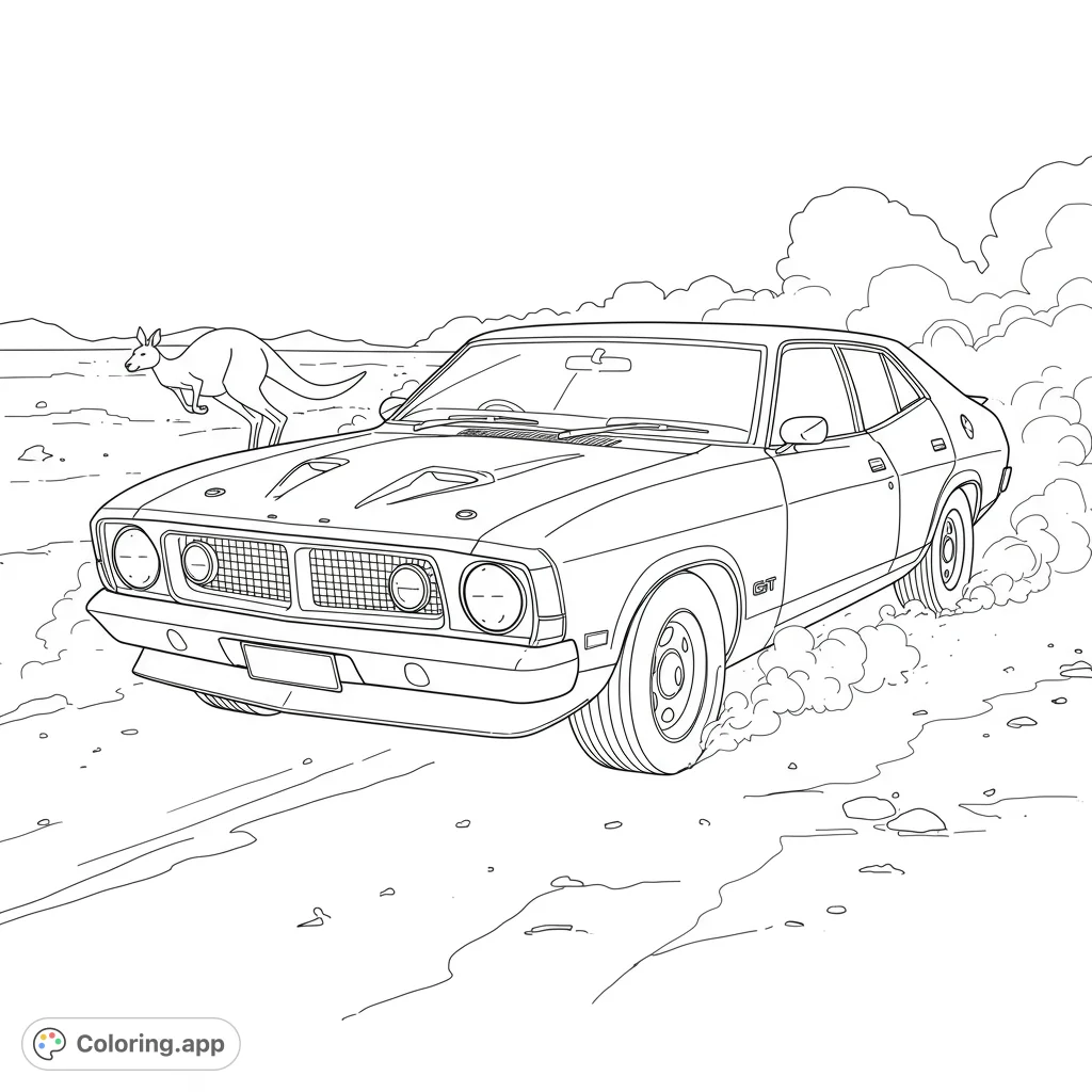 Dynamic muscle car kicks up dust in the Australian outback, with a kangaroo hopping nearby. A thrilling adventure scene for coloring.