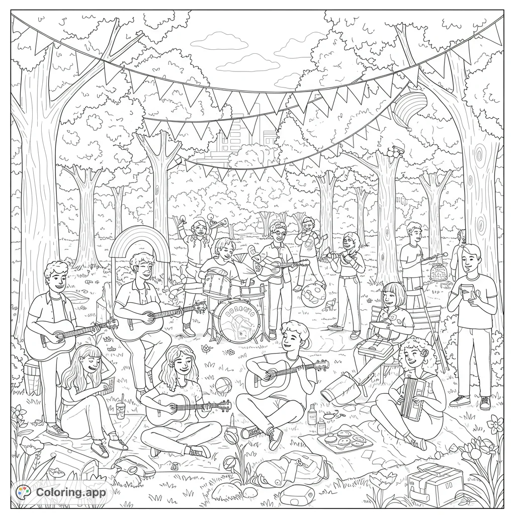 A vibrant outdoor music festival coloring page featuring a diverse group of friends playing instruments and enjoying a picnic under festive banners. Perfect for all ages!