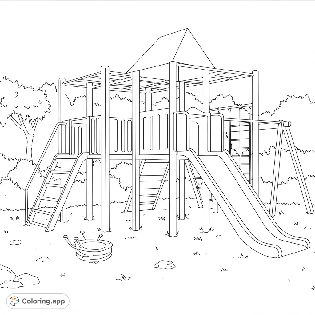Explore a fun outdoor playground coloring page featuring slides, swings, and climbing structures amidst trees. A free printable coloring page for kids!