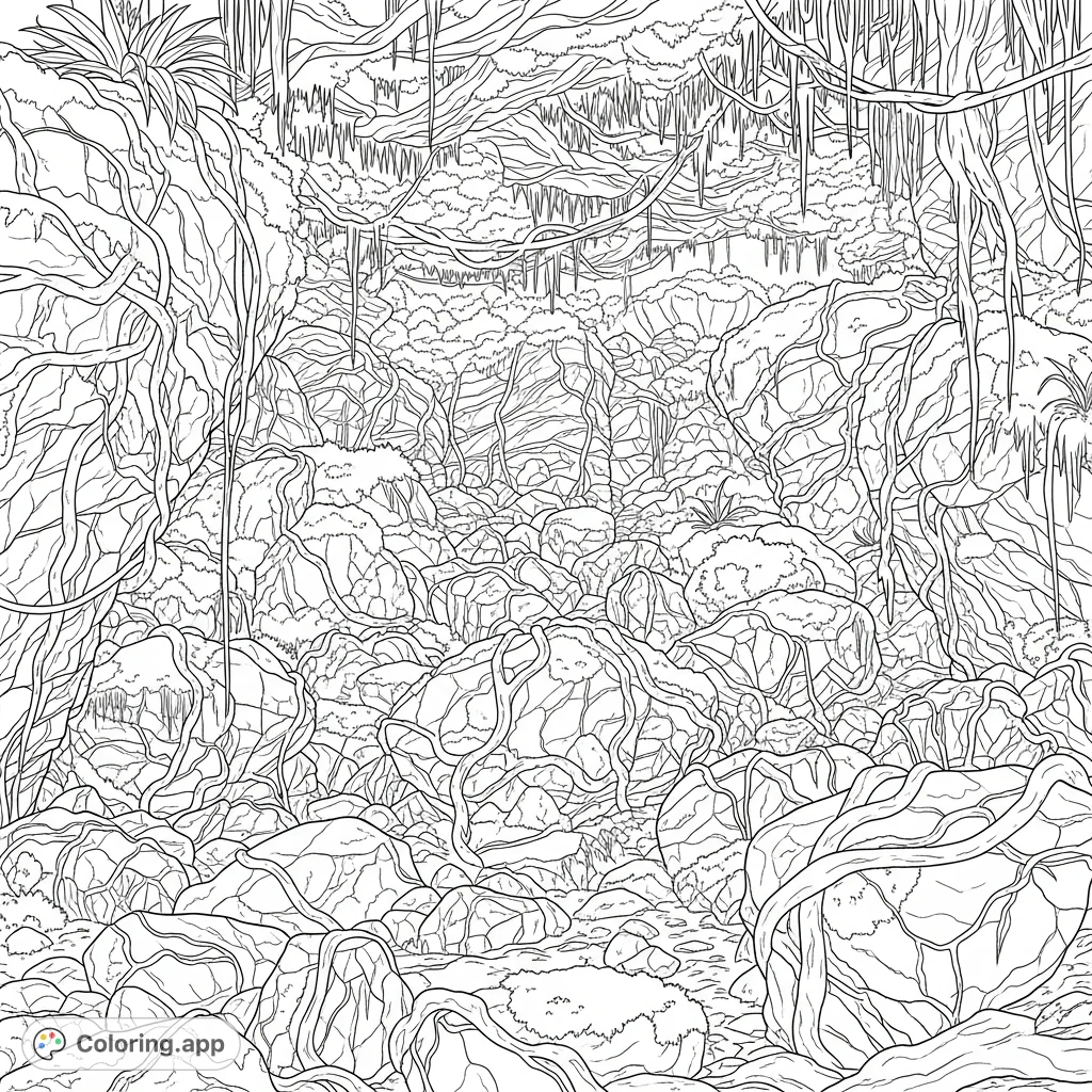 An intricate coloring page featuring a dense boulder field covered in winding vines and varied moss, beneath a thick, interwoven plant canopy.