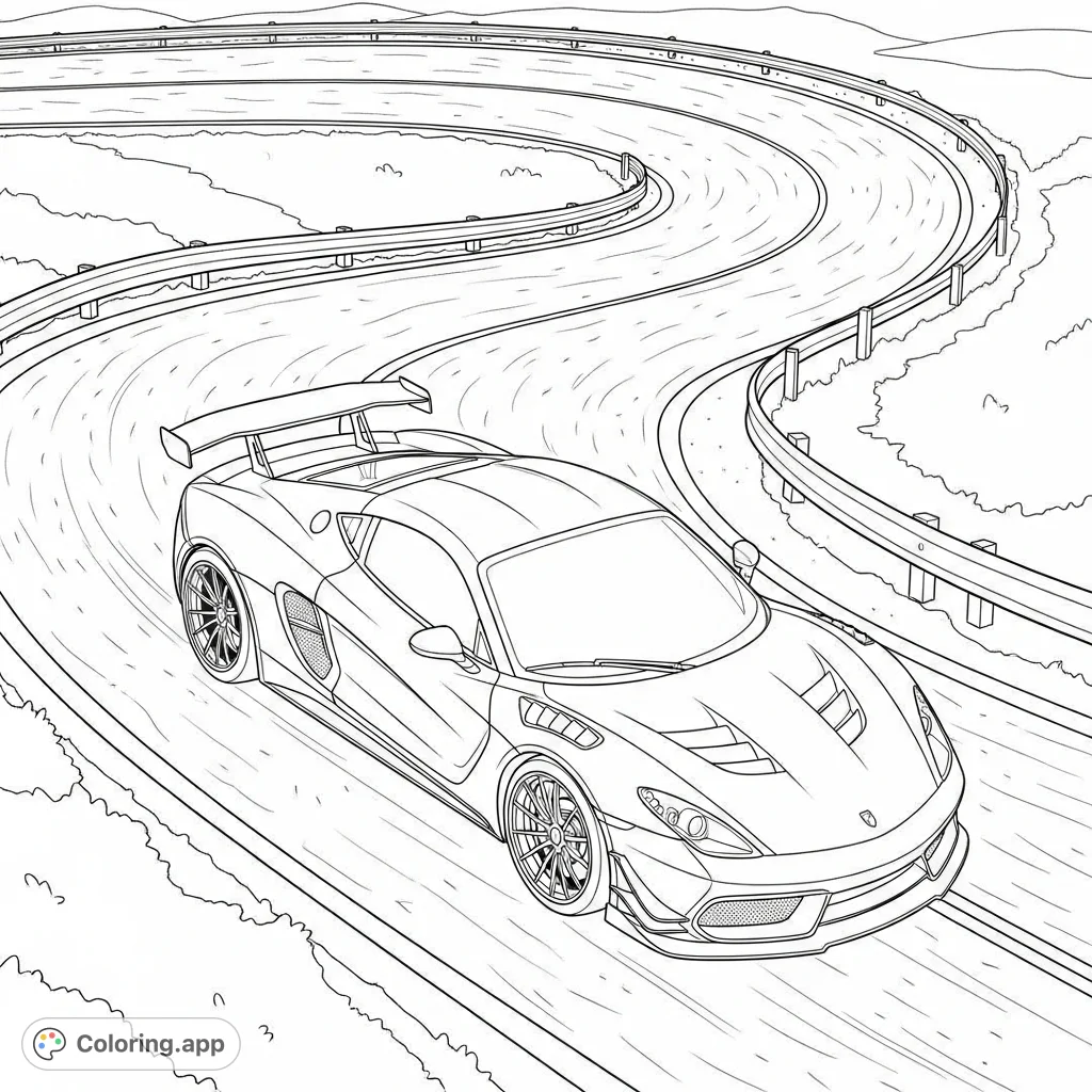 Experience the thrill of speed with an overhead view of a powerful supercar navigating a winding road, rich with aerodynamic details and scenic curves.
