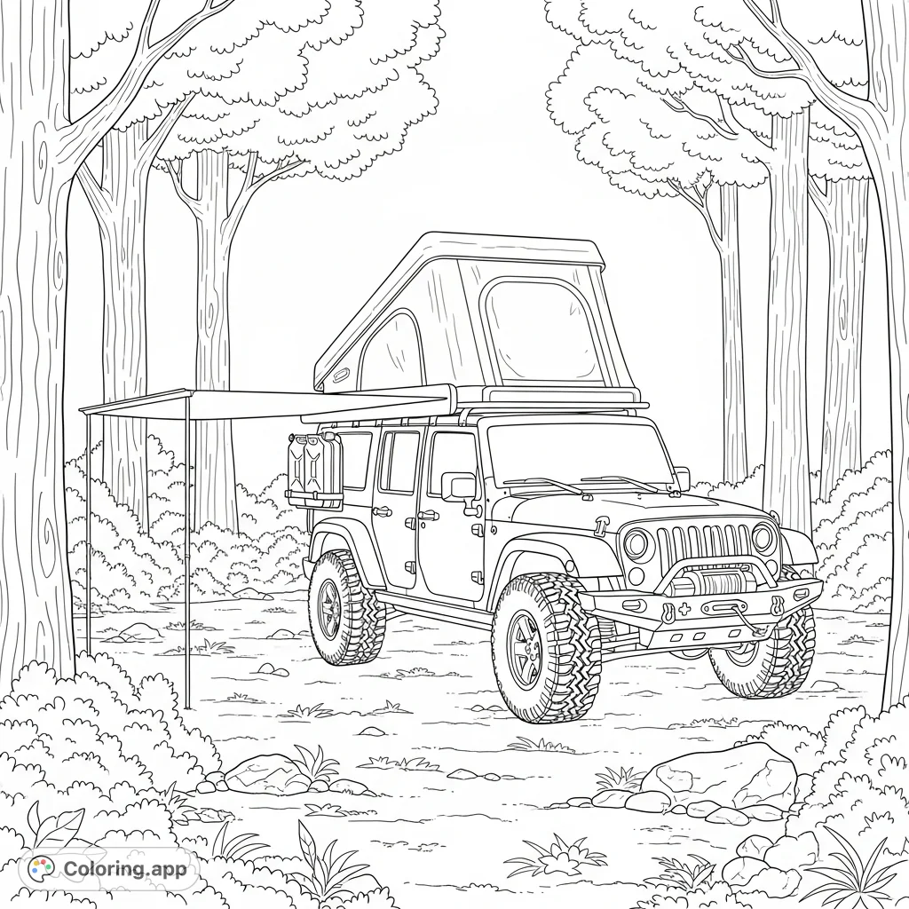 A detailed coloring page featuring a rugged, Jeep-inspired overlanding vehicle with a deployed rooftop tent, jerry cans, and winch, parked in a forest.