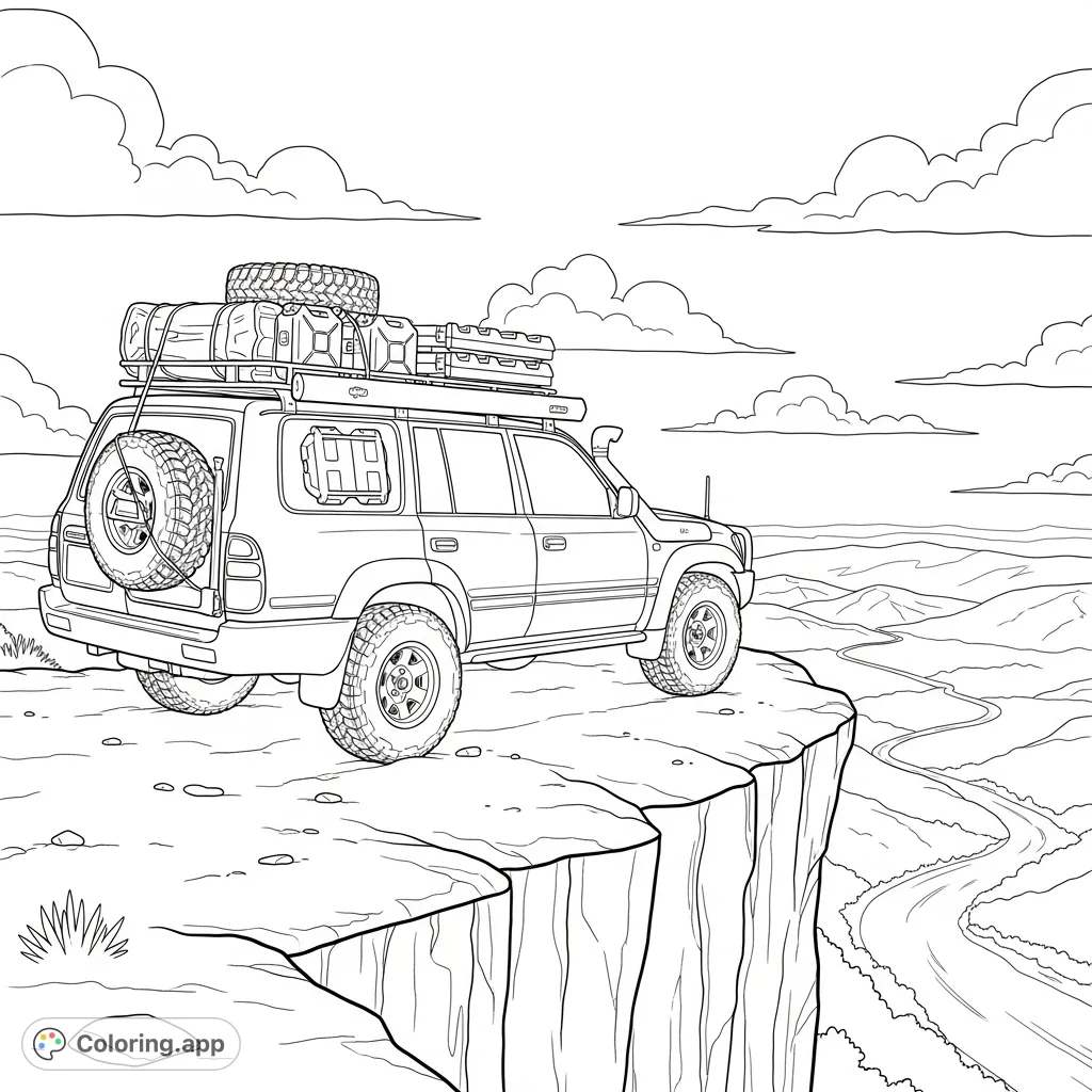 Explore the wild with this overlanding SUV coloring page. A rugged vehicle packed with camping gear rests on a dramatic cliff overlooking a vast landscape.