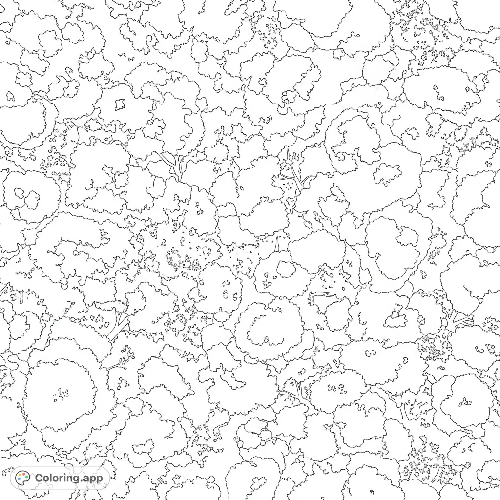 A tranquil overhead view of a dense forest canopy, featuring numerous overlapping rounded treetops. Explore nature's patterns and layers.