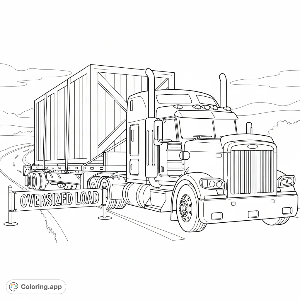 A powerful semi-truck carries an oversized cargo crate with a banner, traveling along a winding road. Perfect for truck enthusiasts and aspiring haulers.