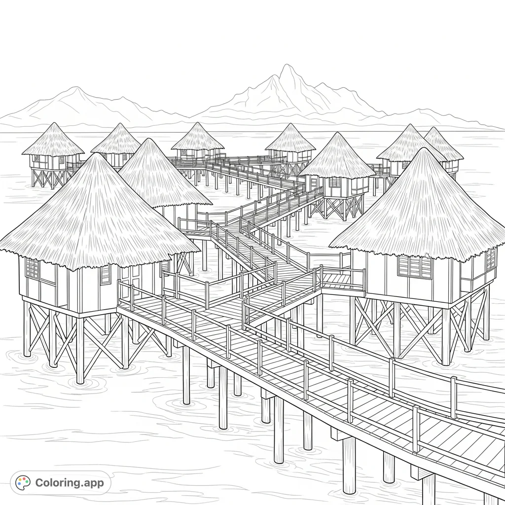 A beautiful coloring page featuring overwater huts connected by charming wooden walkways, set against a backdrop of distant, majestic mountains. Perfect for relaxation.