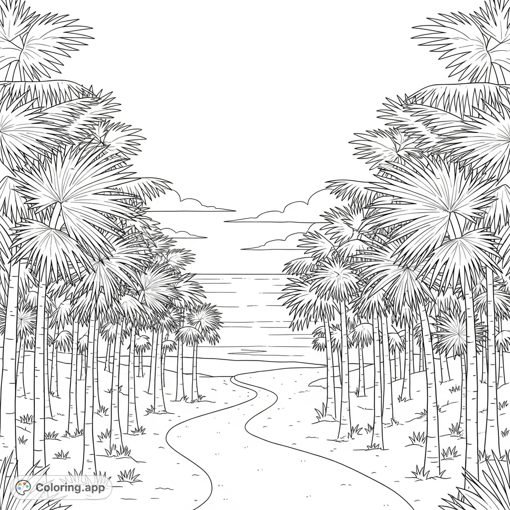 Discover a tranquil palm grove path winding towards a vast ocean, framed by simplified palm fronds and a clear sky, inviting a peaceful coloring journey.