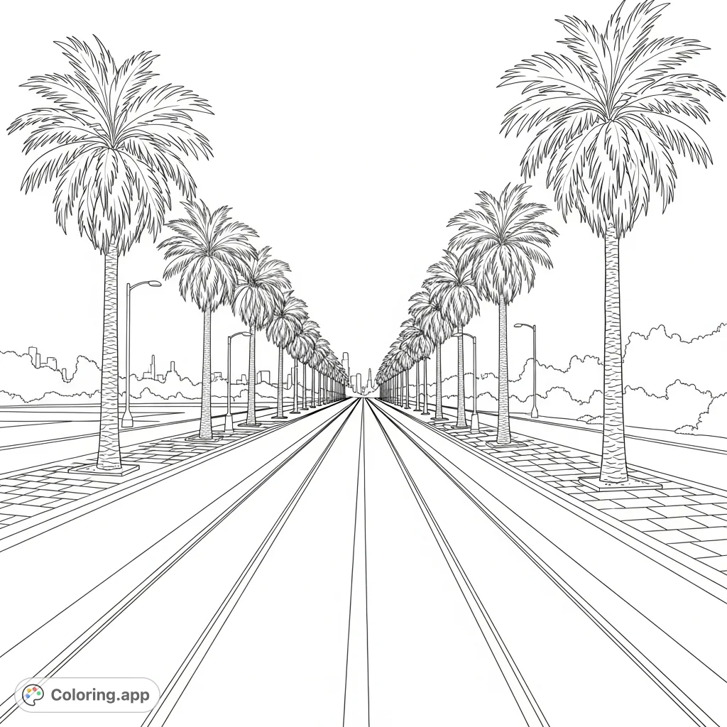 A serene street scene featuring a wide boulevard lined with stately palm trees and intricate streetcar tracks. Perfect for an urban escape.