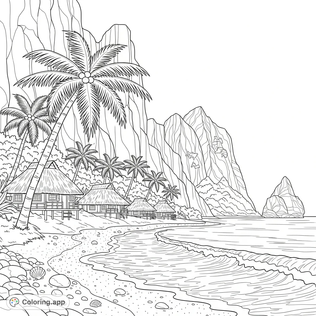 Explore a panoramic island paradise featuring ocean surf, sandy beaches, charming huts, swaying palm trees, and dramatic cliffs. A detailed tropical scene.