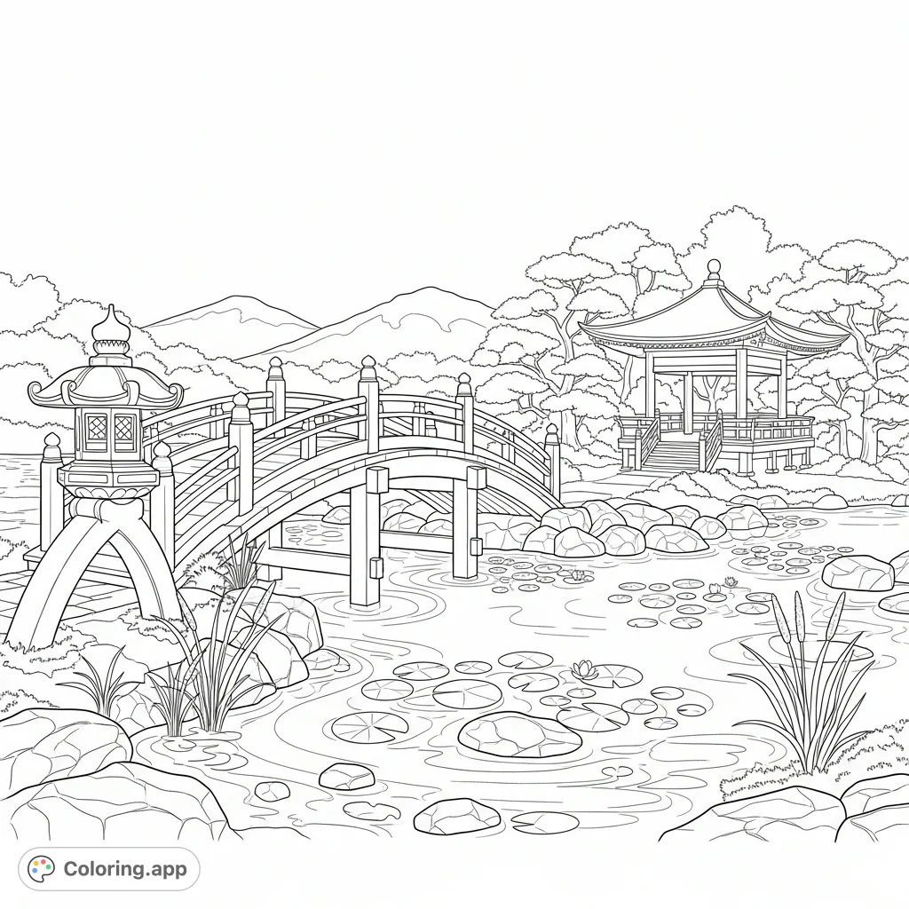 Discover tranquility in this panoramic Japanese garden coloring page, featuring a graceful bridge, serene pond, stone lantern, and elegant pavilion.