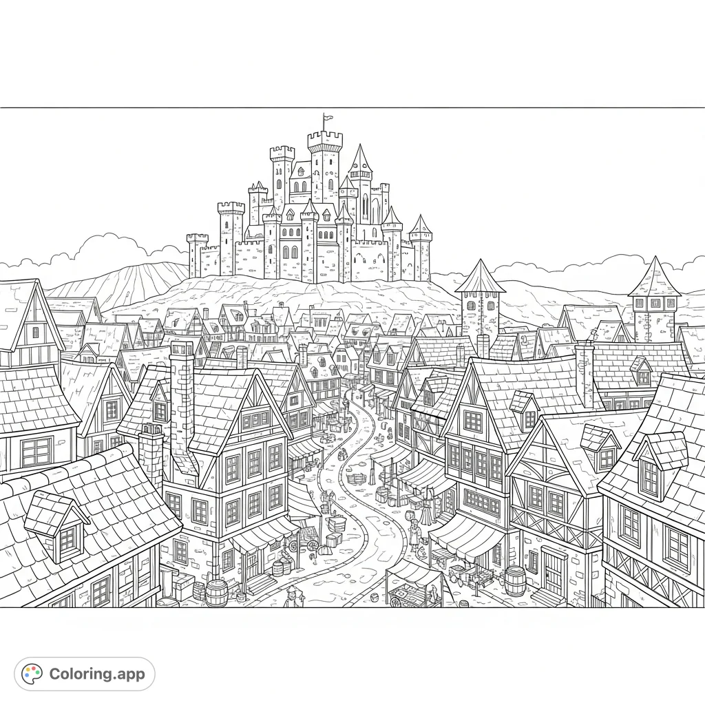 Explore a detailed panoramic medieval town coloring page, featuring a majestic castle, quaint houses, and bustling street details.
