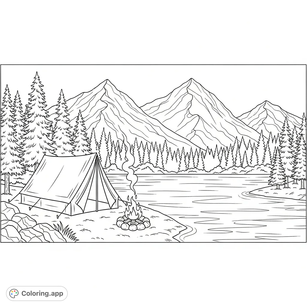A serene panoramic camping scene featuring a tent by a tranquil lake, towering mountains, lush trees, and a cozy campfire. Perfect for nature lovers.