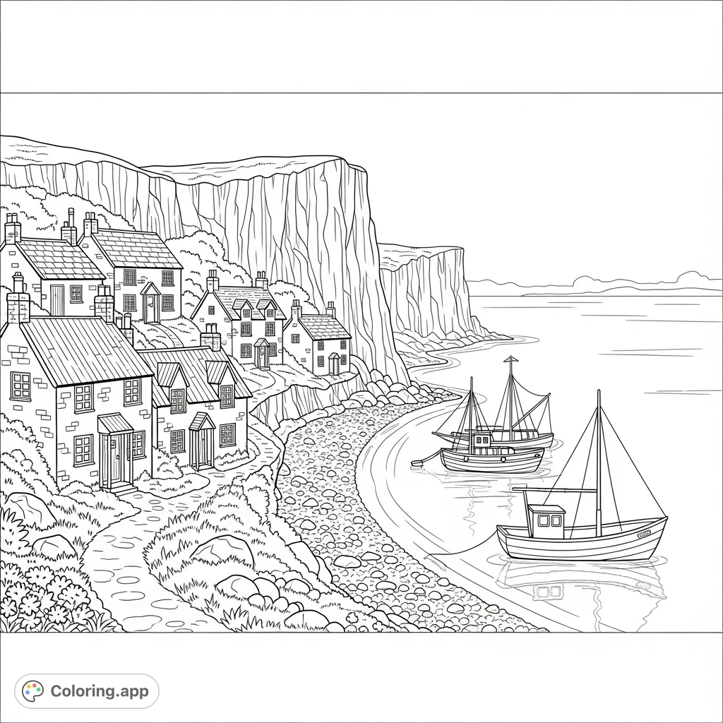 Explore a beautiful panoramic seaside village. Color charming cottages, majestic cliffs, boats, and a detailed shoreline in this engaging scene.