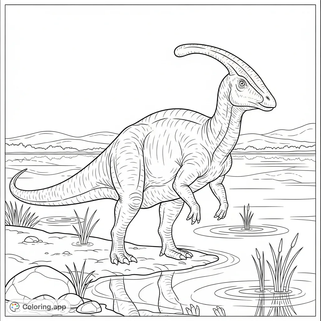 A majestic Parasaurolophus stands by a tranquil lake, its iconic crest and simplified reflections offering a captivating prehistoric scene.