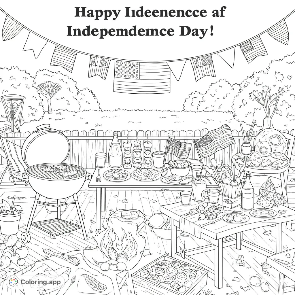 Celebrate with this vibrant patriotic barbecue scene! Featuring a grill, festive food tables, American flags, and bunting for a fun, free printable coloring page.
