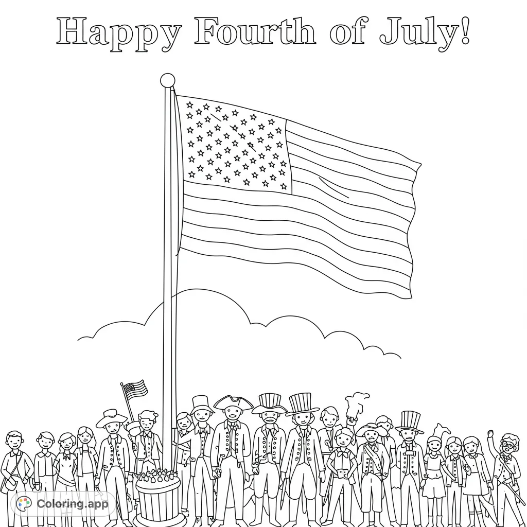 A vibrant Fourth of July coloring page featuring a grand American flag, a diverse crowd of historical and modern figures, and festive details.