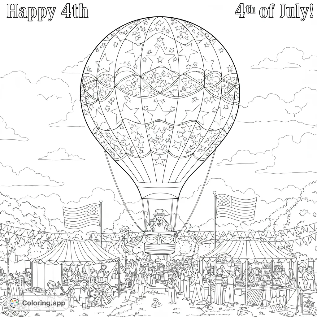 Celebrate with this detailed patriotic hot air balloon festival coloring page, featuring a grand balloon, bustling fairground, and American flags.