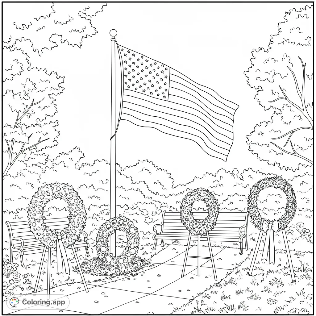 A solemn patriotic memorial scene featuring an American flag, wreaths, and park benches, perfect for honoring heroes and national pride.