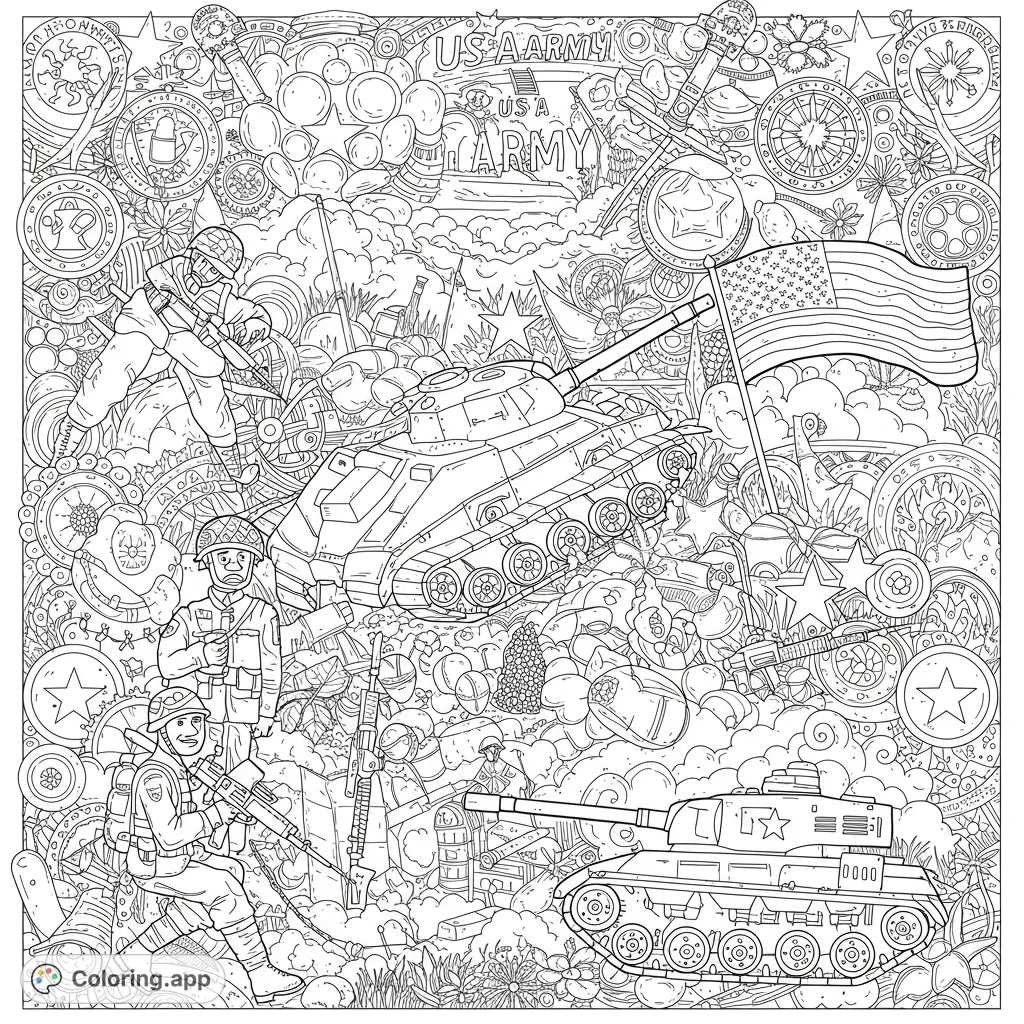 An intricate US Army military tribute coloring page featuring soldiers, tanks, and the American flag amidst a detailed background of patriotic symbols.